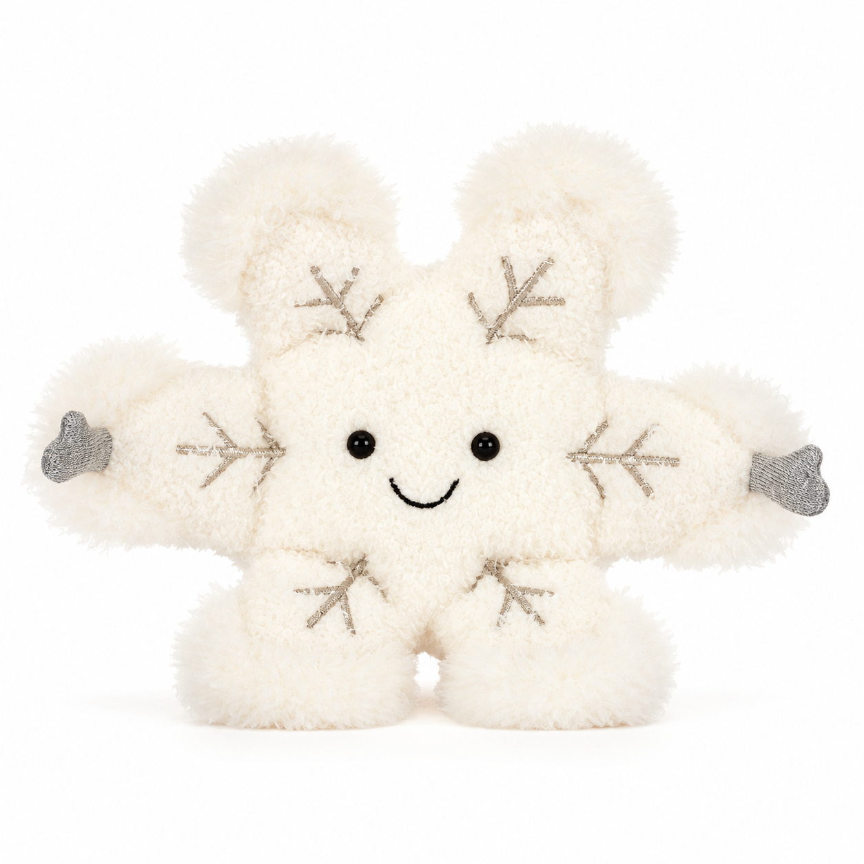 White snowflake plush with a smiling face and grey hands